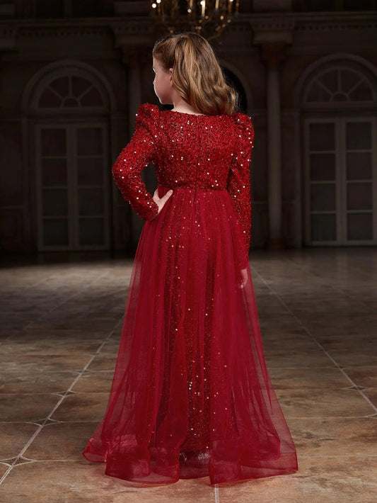 Additional product view of Mesh Overlay V-Neck Sequin Mermaid Long-Sleeve Tween Girls' Party Dress
