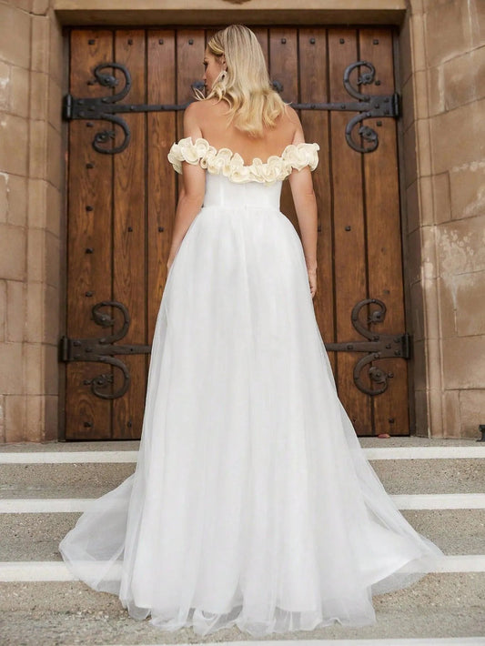 Off-Shoulder Satin Short-Sleeve A-Line Wedding Gown — authorized product image 2