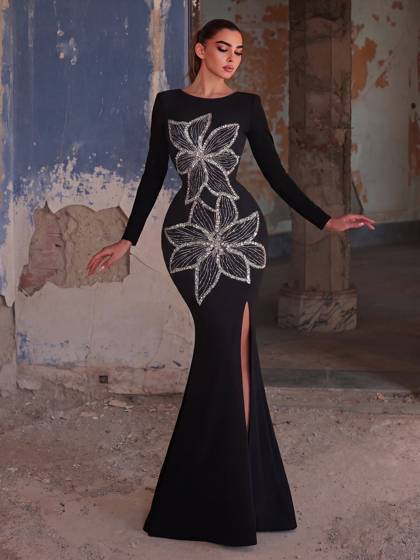 Sequin Floral Embellished Gown | High Neck Long Sleeve Maxi Dress with V-Back & High Side Slit | Formal Evening Dress for Parties, Galas, Proms