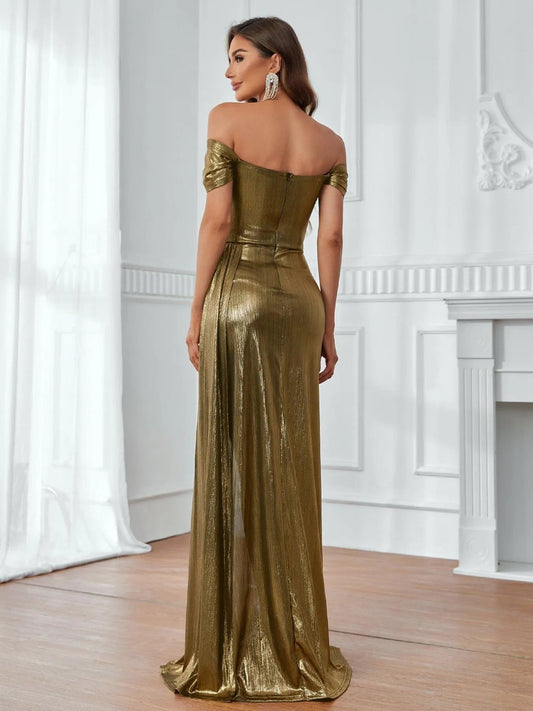 Off-Shoulder Ruched Front Draped Side Metallic Party Dress – view 2