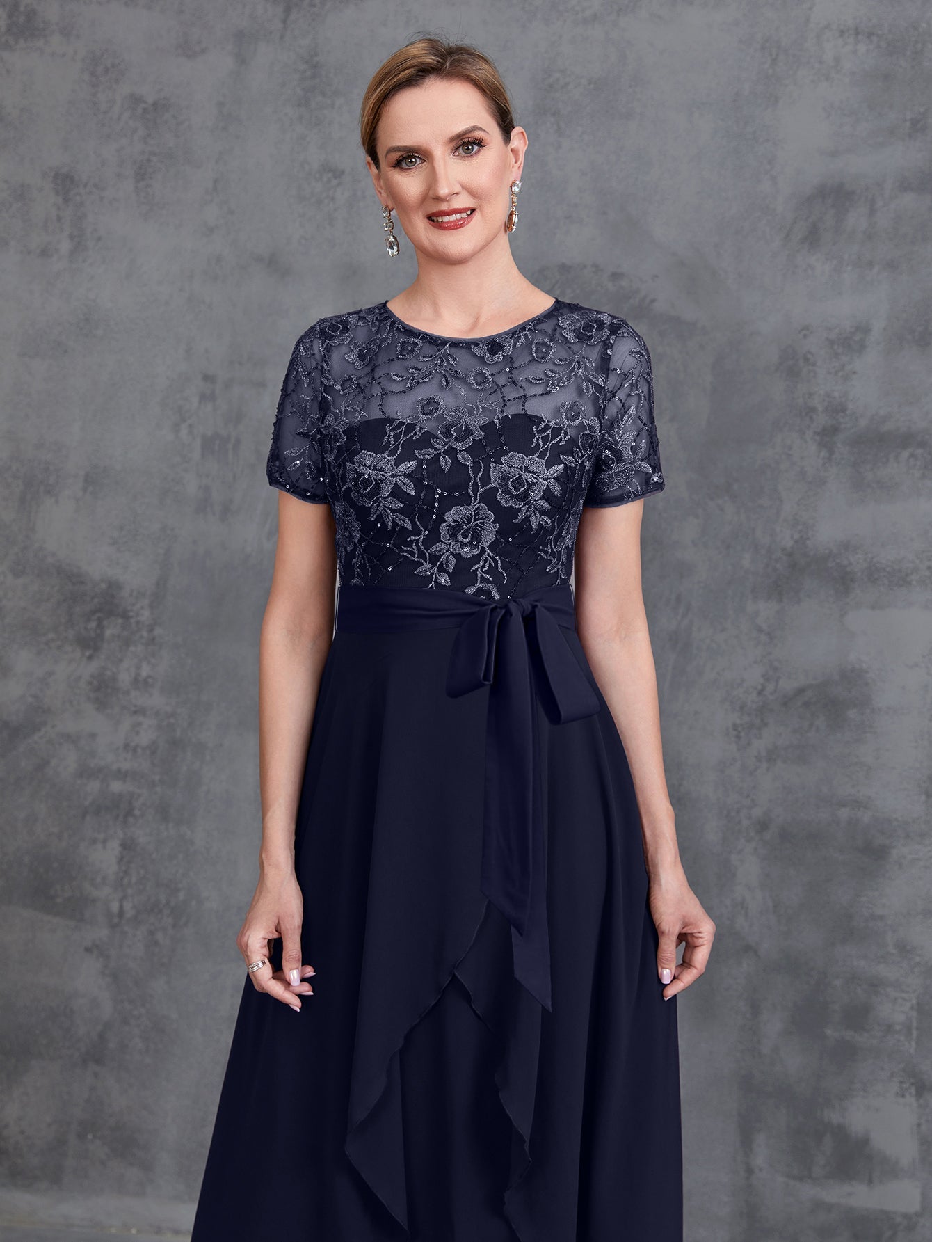 Additional product view of Embroidered Sequin Bodice Asymmetrical Lace Boat-Neck Short-Sleeve Mother-of-the-Bride Dress