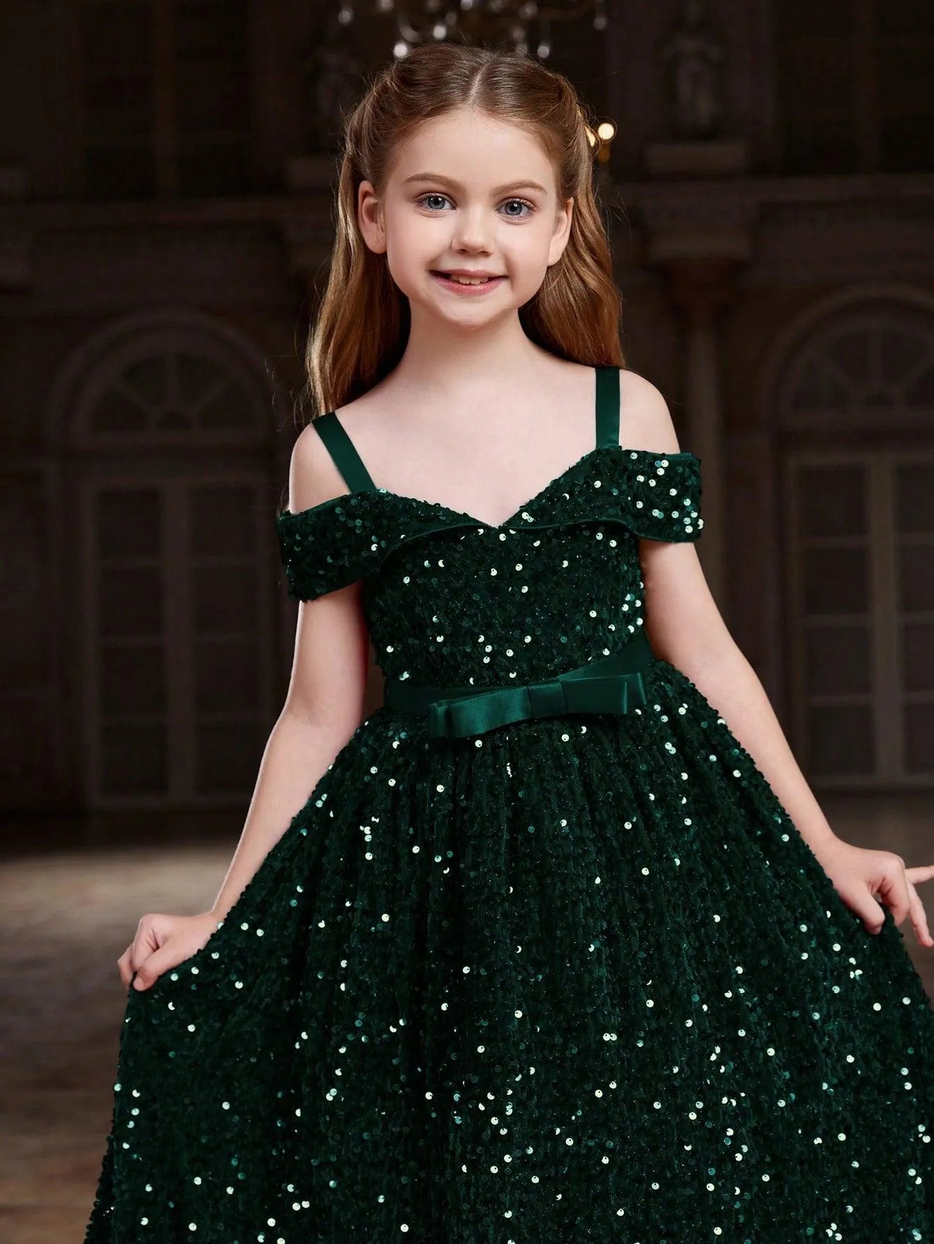 Additional product view of High-Low Hem Off-Shoulder Sequin A-Line Short-Sleeve Tween Girls' Party Dress