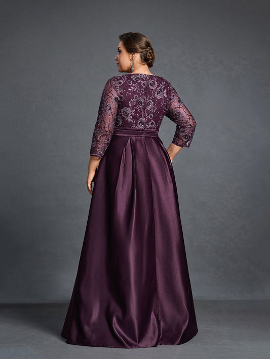 Additional product view of Plus-Size Satin V-Neck A-Line Sequin Mother-of-the-Bride Dress