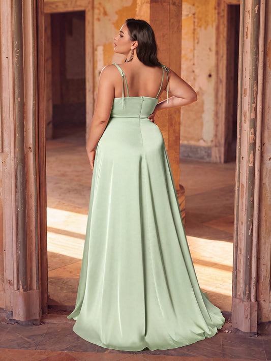 Plus-size mint satin spaghetti strap evening gown, back view