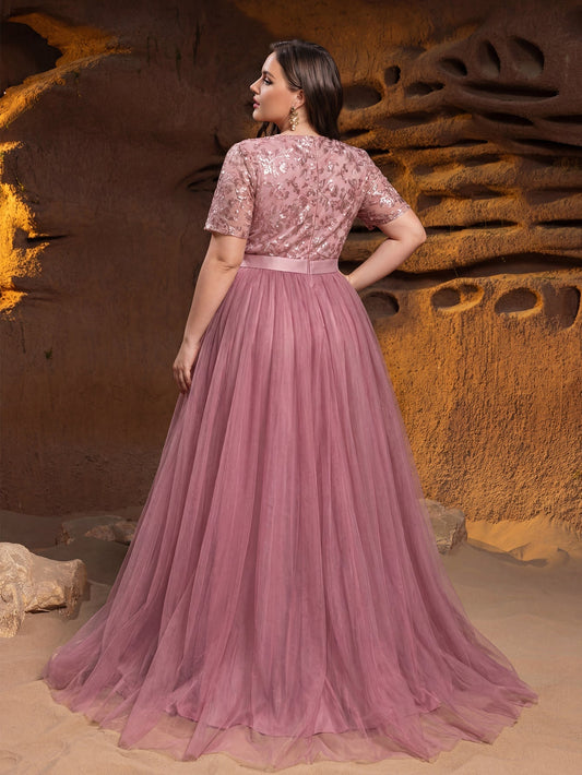 Plus-size mauve sequin bodice tulle evening gown, back view