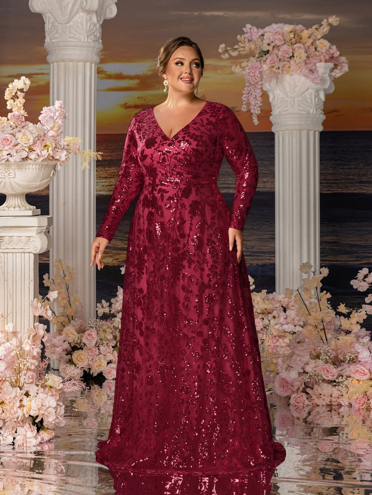 Plus-size burgundy sequin mother of the bride gown, angled front view