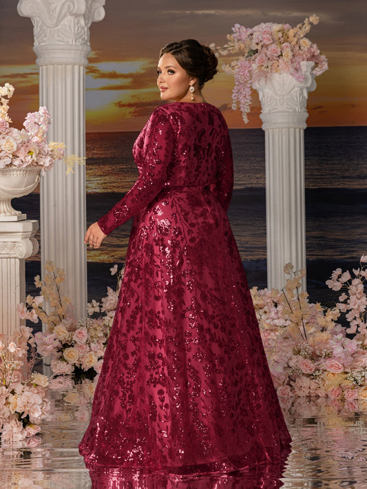 Plus-size burgundy sequin mother of the bride gown, back view