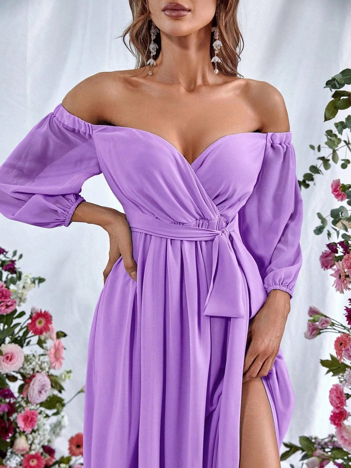 Additional product view of High-Slit Belted Off-Shoulder Chiffon A-Line Maxi Formal Dress