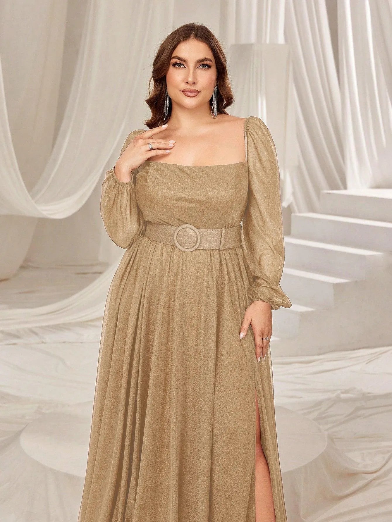 Plus Square Neck Lantern Sleeves Split Thigh Evening Dress – view 18