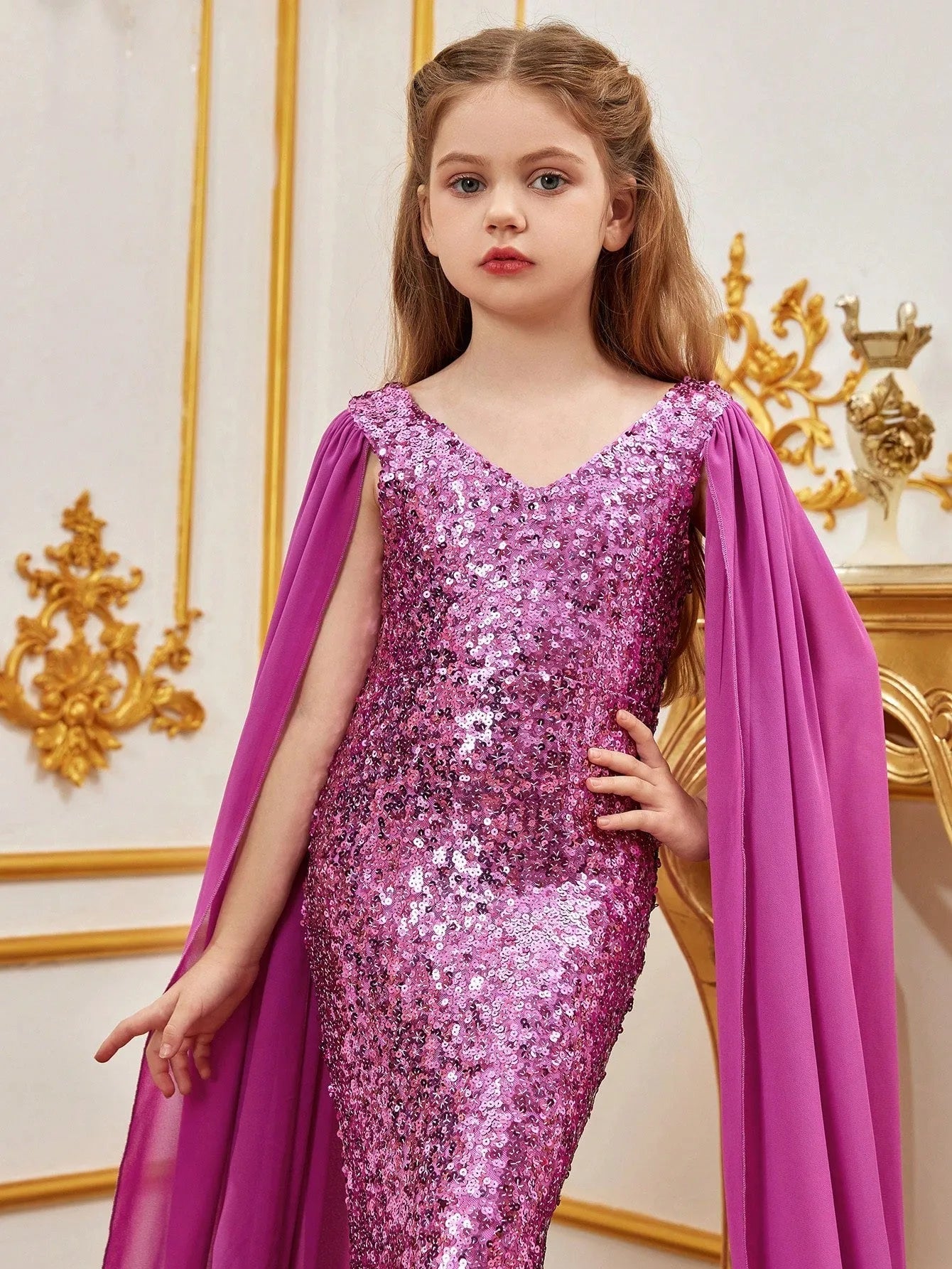 Additional product view of Cloak-Sleeve V-Neck Sequin Mermaid Chiffon Tween Girls' Party Dress