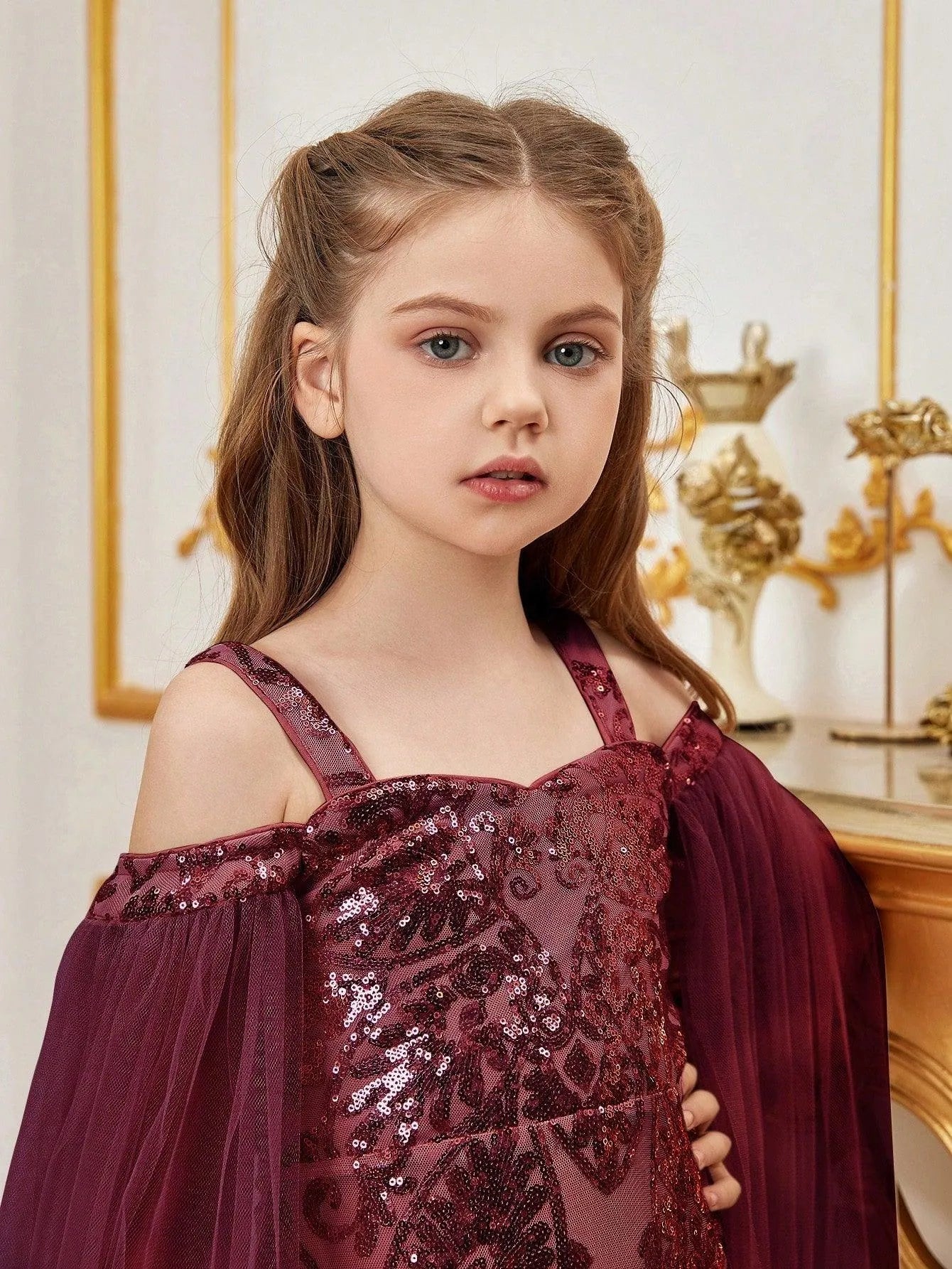 Additional product view of Cloak-Sleeve Off-Shoulder Sequin Mermaid Maxi Tween Girls' Party Dress