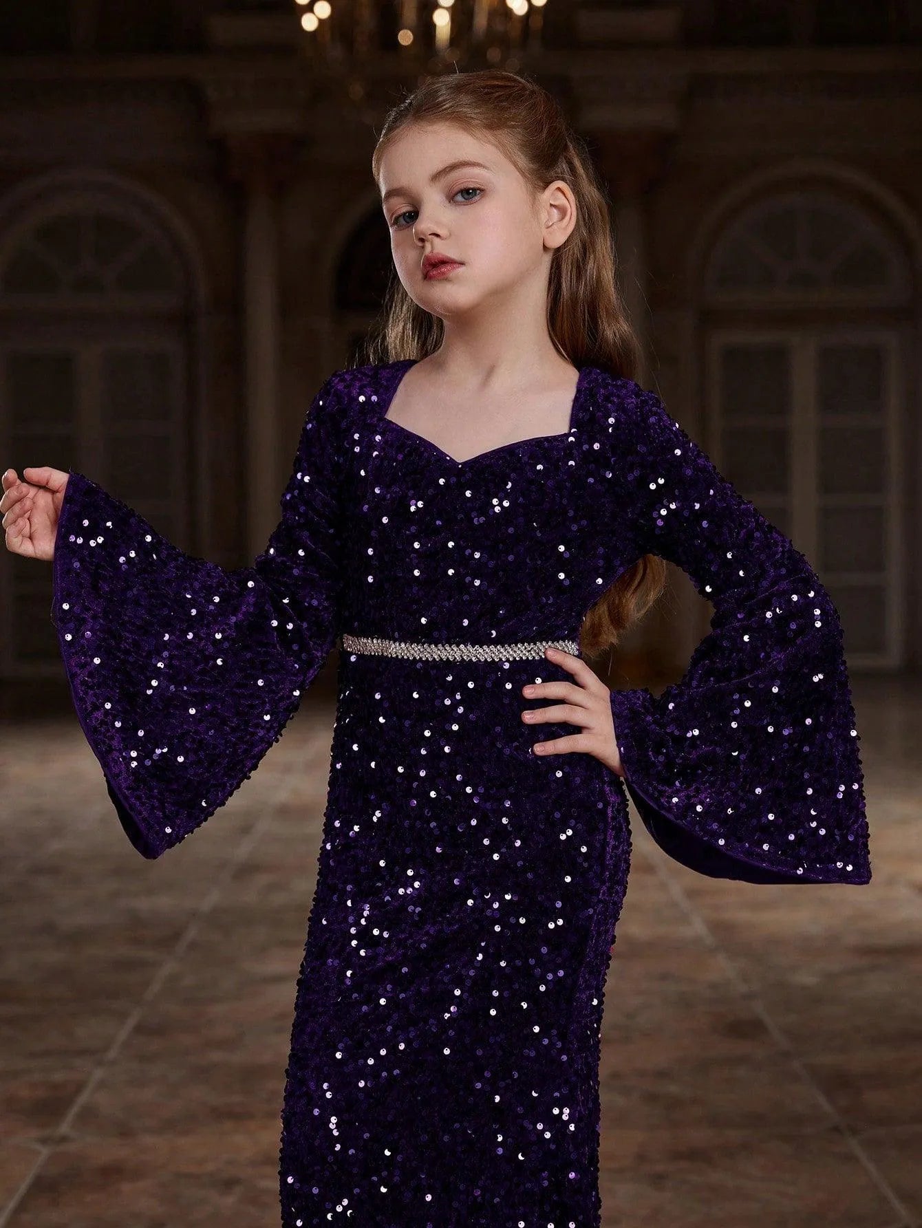 Additional product view of Bell-Sleeve Sweetheart-Neck Sequin Mermaid Maxi Tween Girls' Party Dress