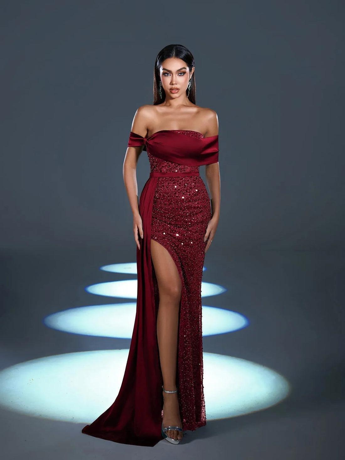 Off-shoulder burgundy sequin mermaid evening dress