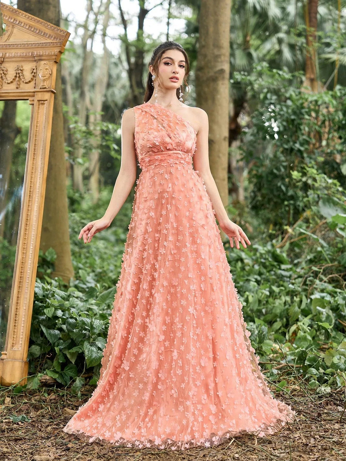 Prom Dresses — Elegant One Shoulder Lace-Up Back Floral Applique Prom Dress