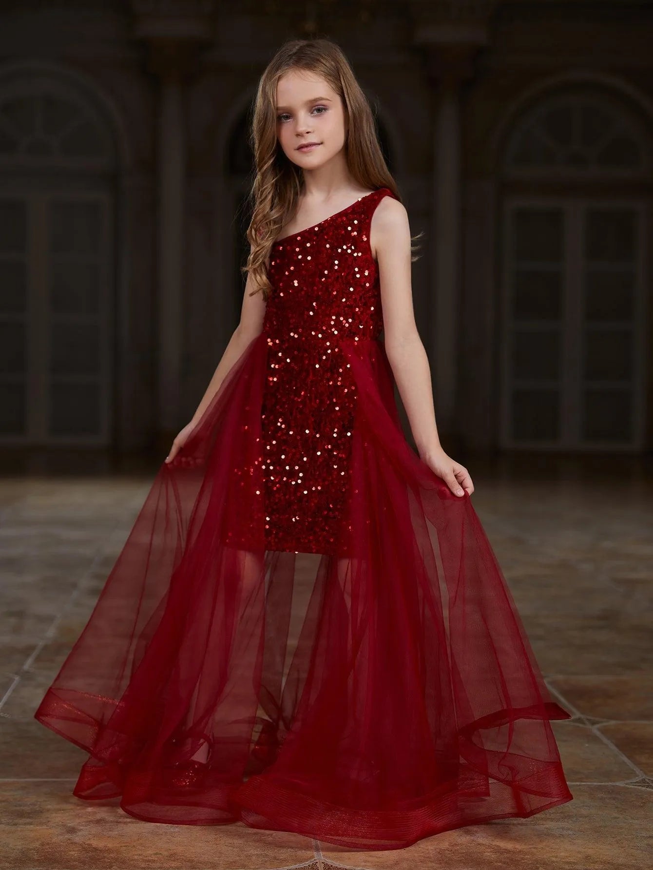Additional product view of Mesh Overlay Asymmetrical Neckline Sequin A-Line Sleeveless Tween Girls' Party Dress