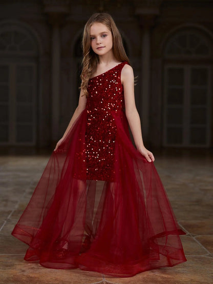 Additional product view of Mesh Overlay Asymmetrical Neckline Sequin A-Line Sleeveless Tween Girls' Party Dress