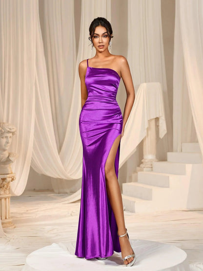 Additional product view of High-Slit One-Shoulder Satin Sheath Sleeveless Maxi Formal Dress