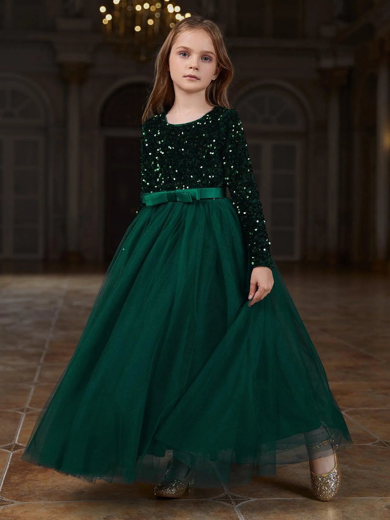 Additional product view of Sequin A-Line Long-Sleeve Mesh Maxi Tween Girls' Party Dress