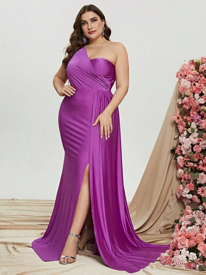 Additional view of Plus-Size One-Shoulder Evening Gown with High Slit