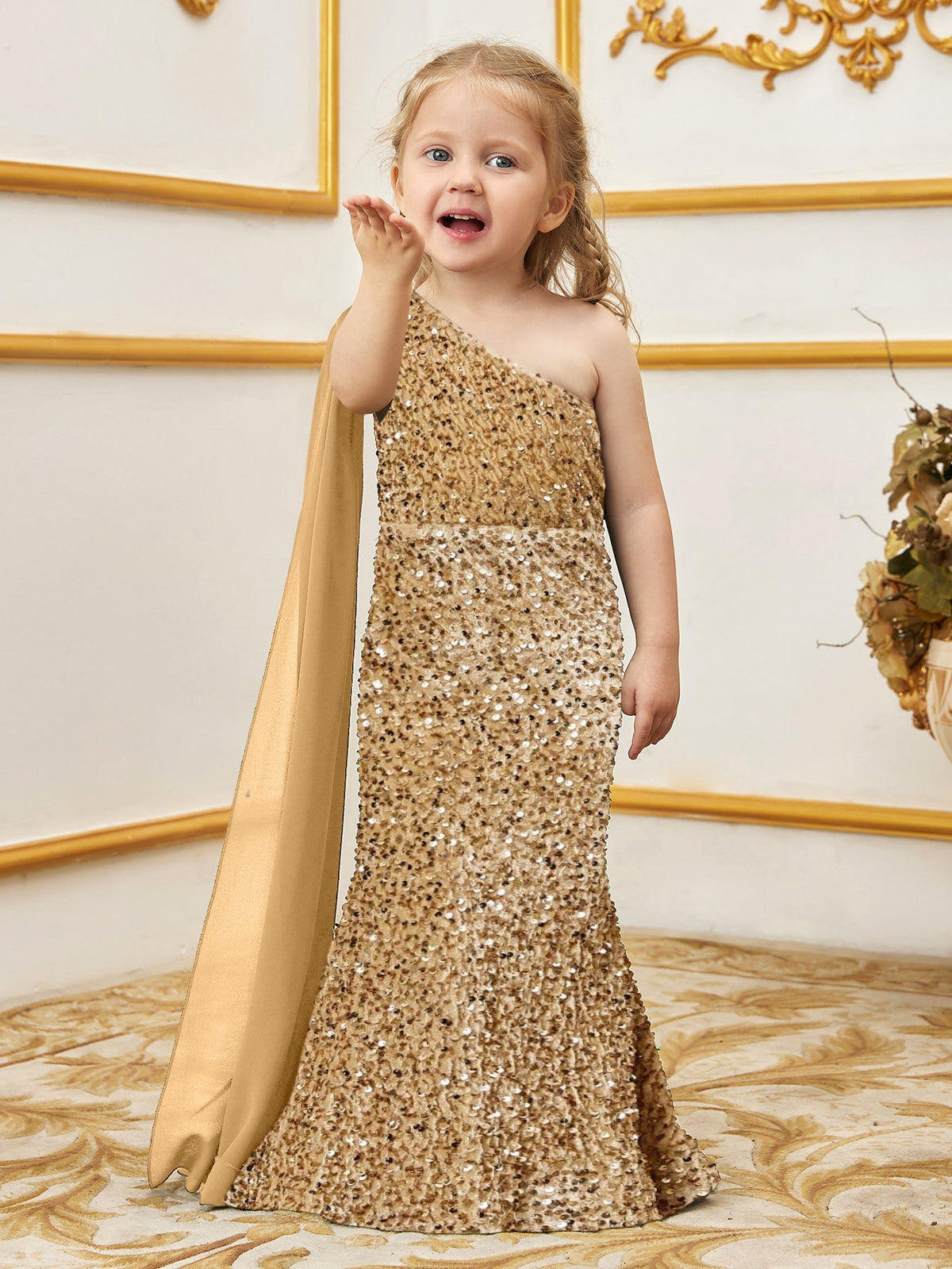 Alternate view of Draped Side One-Shoulder Sequin Mermaid Sleeveless Young Girls' Party Dress in Champagne
