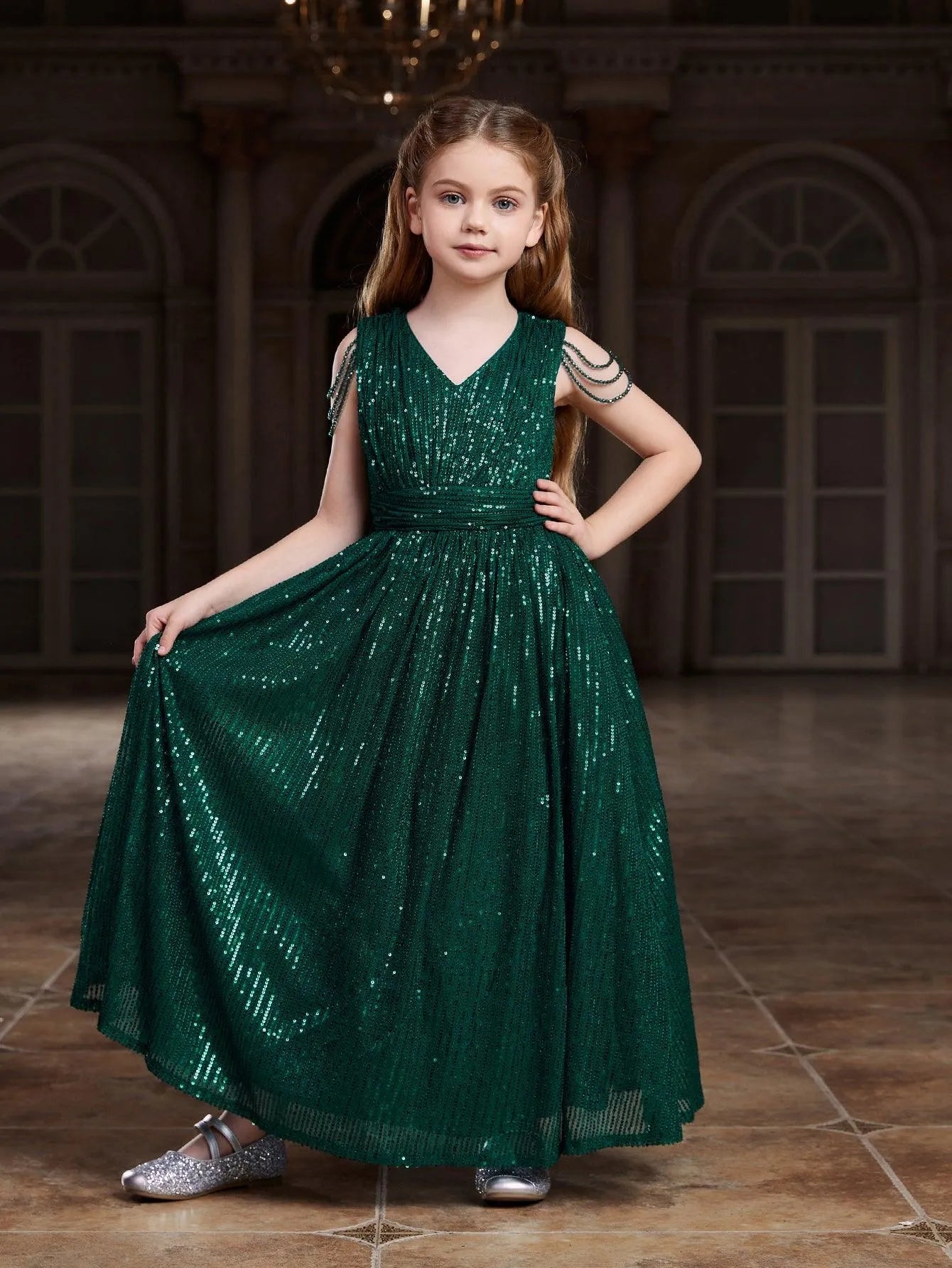 Additional product view of V-Neck Sequin A-Line Sleeveless Maxi Tween Girls' Party Dress