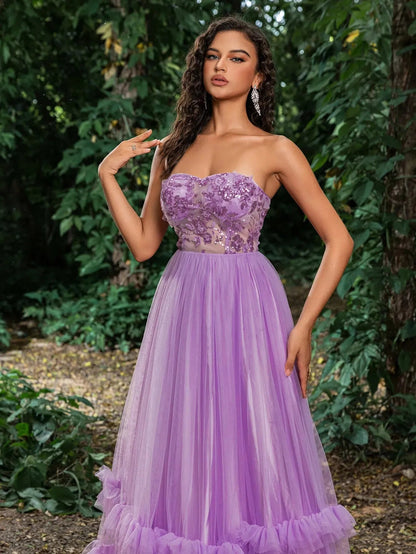 Floral Sequin Bodice Cascading Ruffle Hem Tulle Prom Dress — authorized product image 6