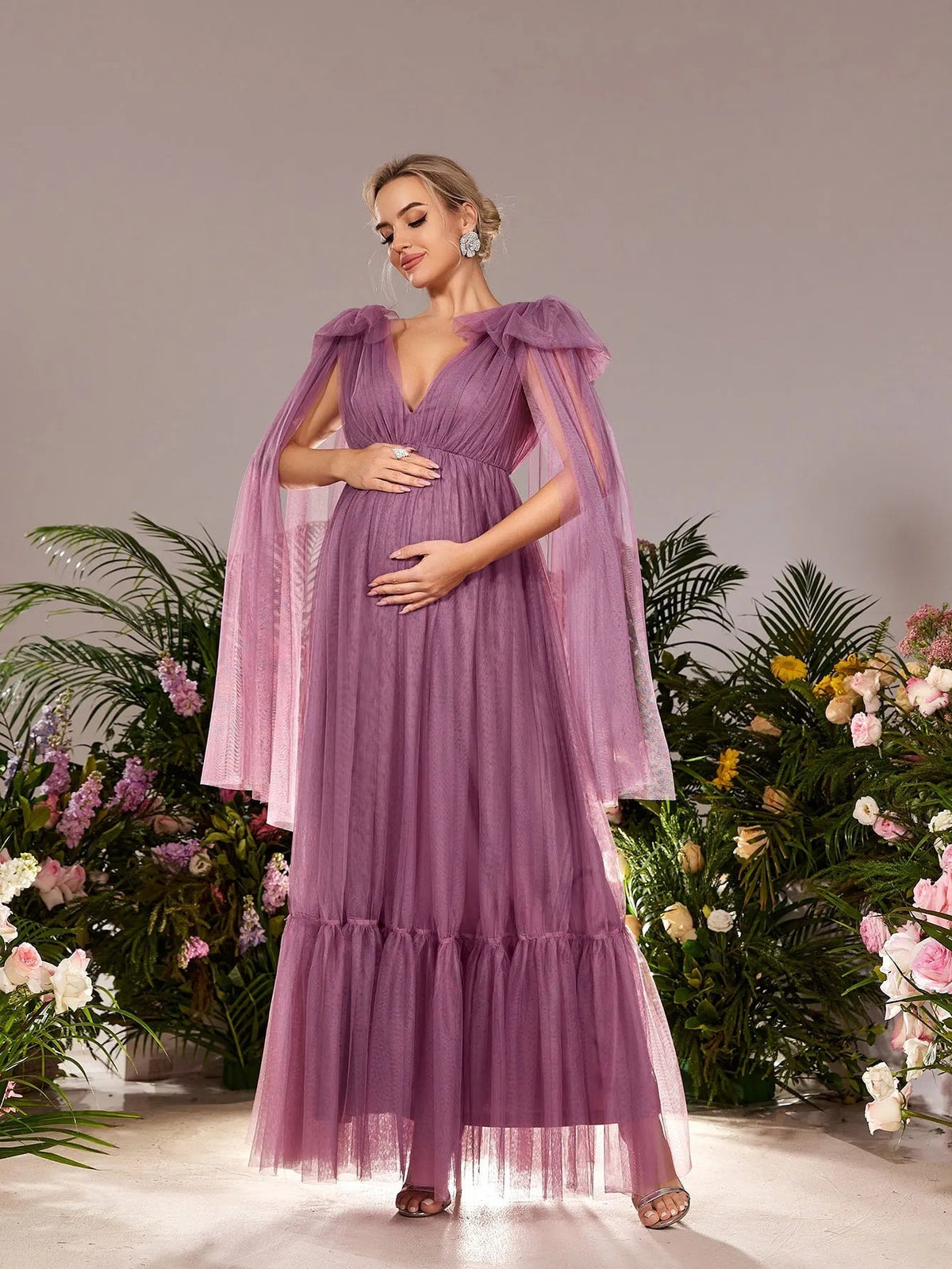Additional product view of Plunging-Neck V-Neck Mesh A-Line Sleeveless Maternity Evening Dress