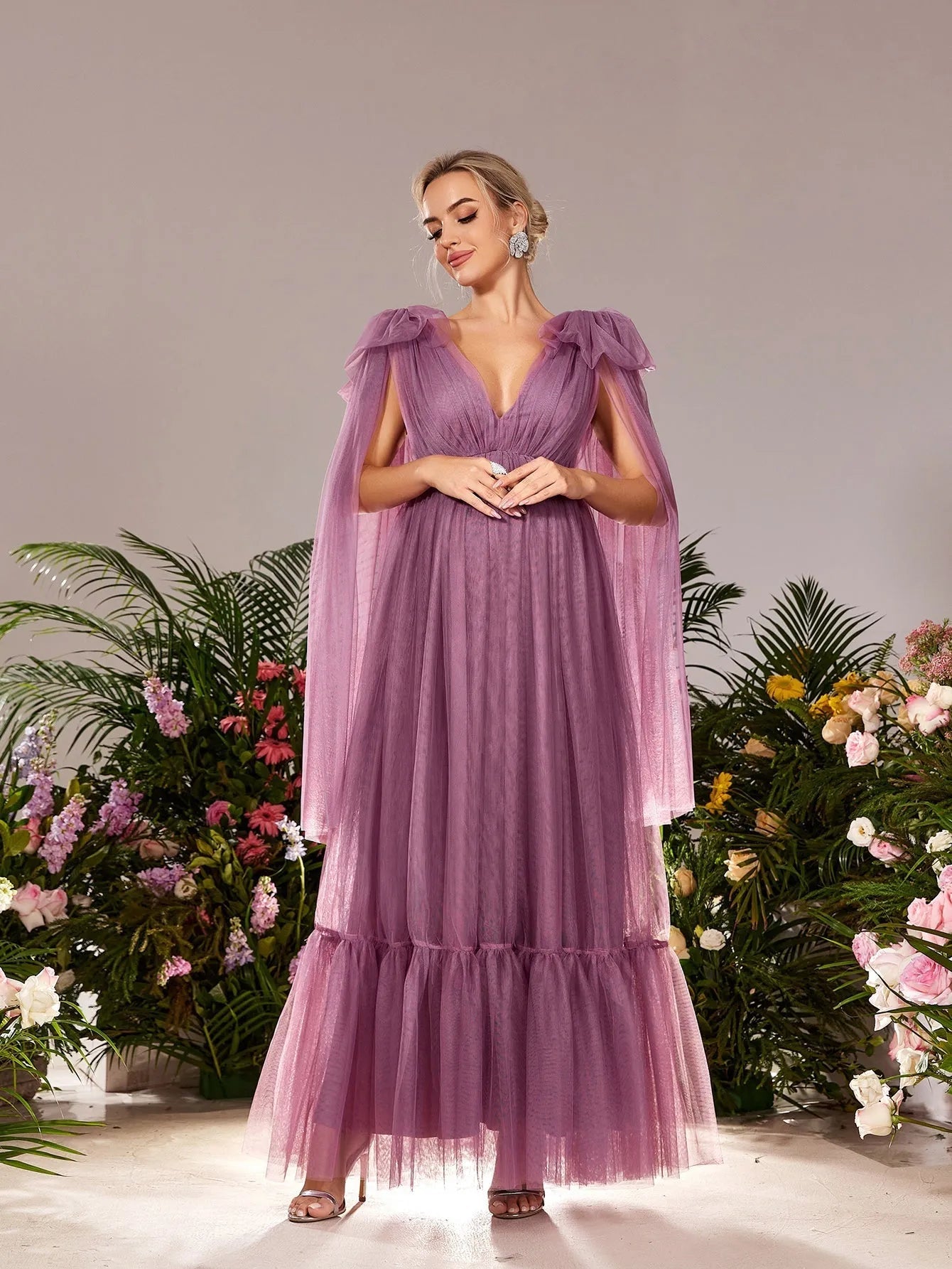 Additional product view of Plunging-Neck V-Neck Mesh A-Line Sleeveless Maternity Evening Dress