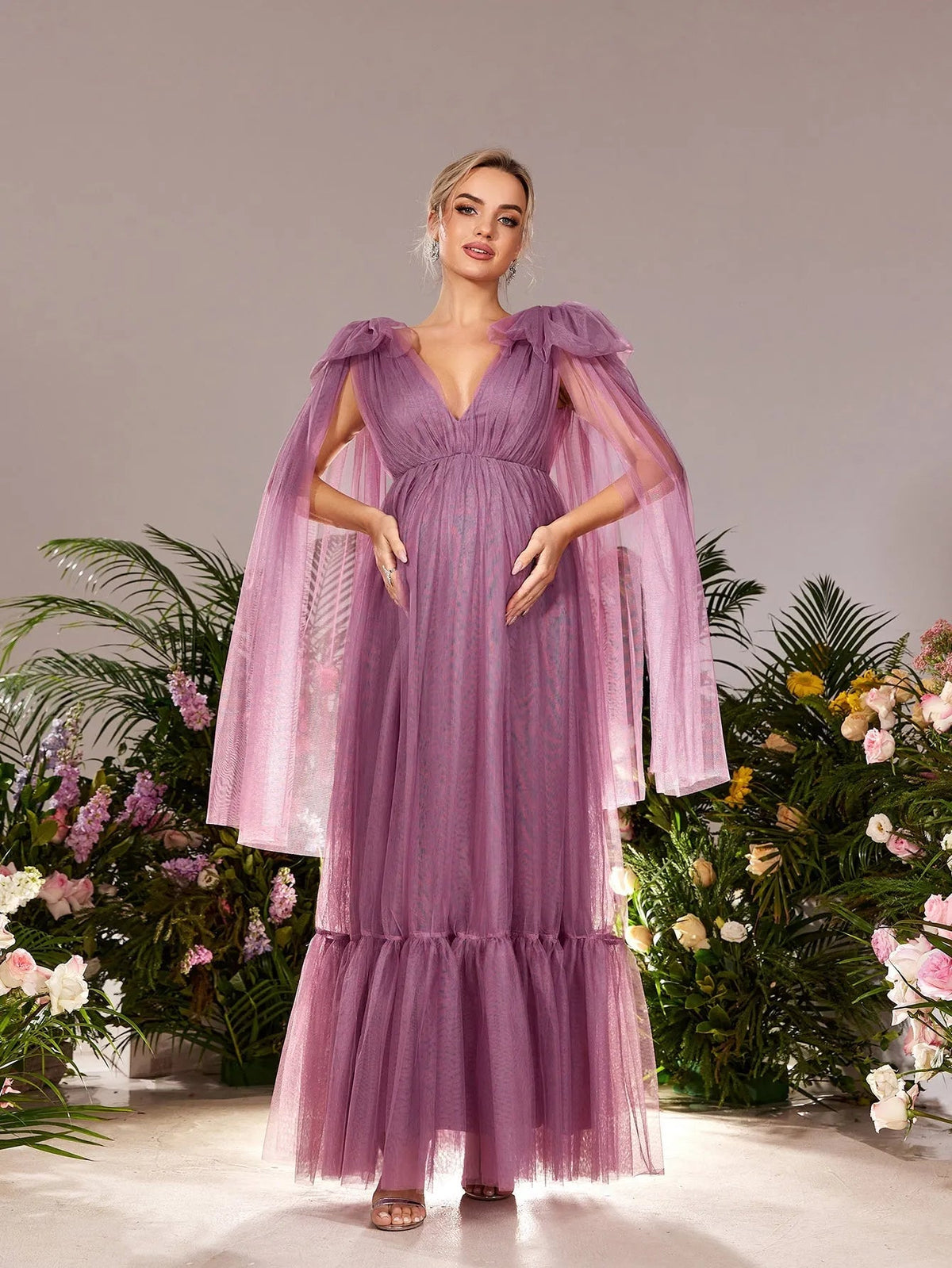 Additional product view of Plunging-Neck V-Neck Mesh A-Line Sleeveless Maternity Evening Dress