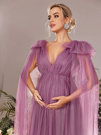 Additional product view of Plunging-Neck V-Neck Mesh A-Line Sleeveless Maternity Evening Dress