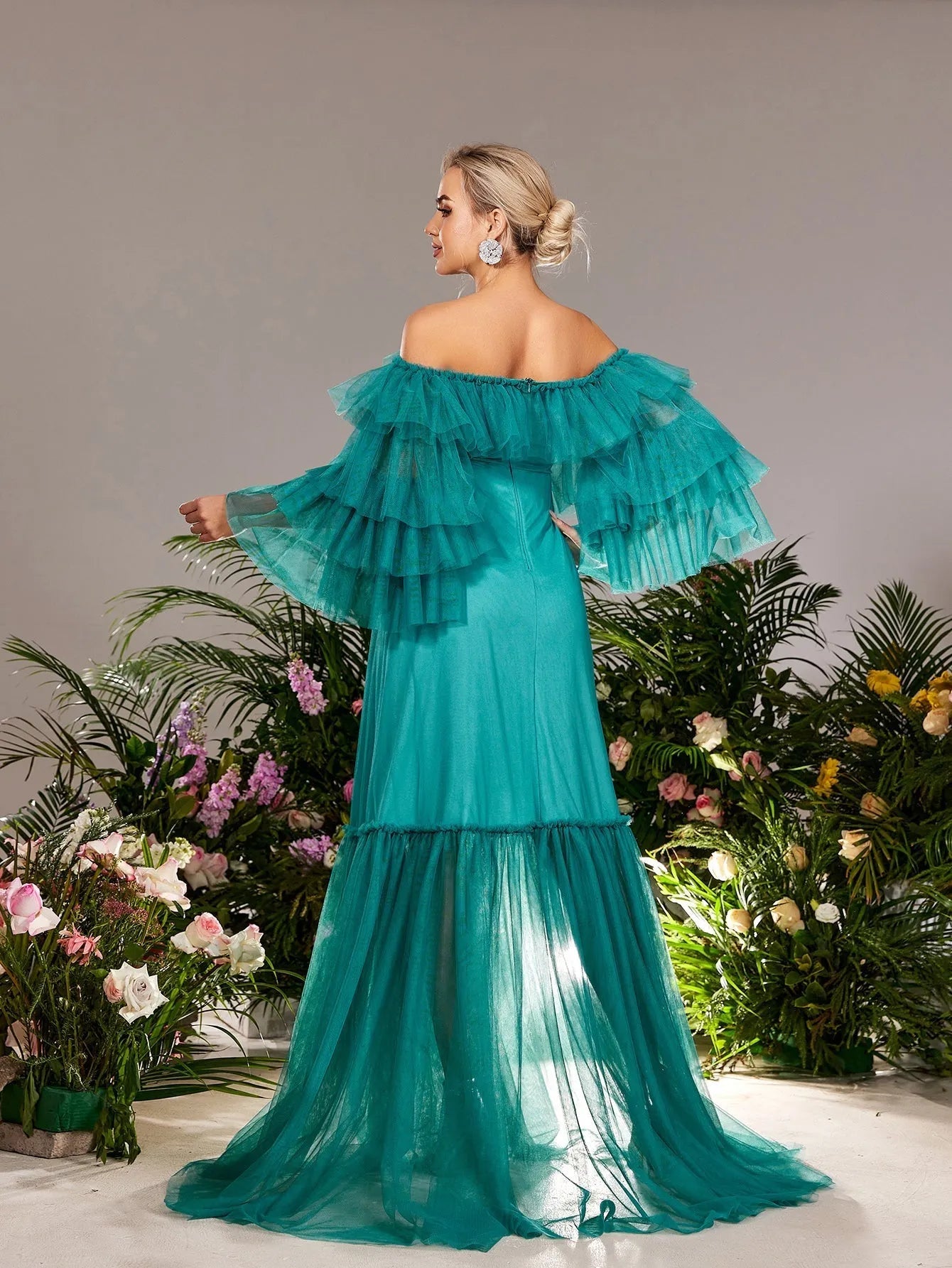 Maternity Off-Shoulder Tulle Long-Sleeve A-Line Evening Gown — authorized product image 2