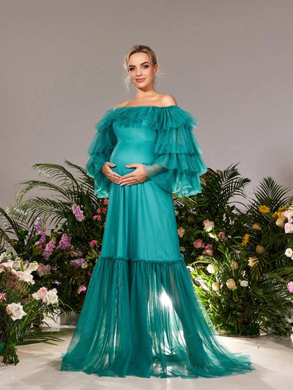Maternity Off-Shoulder Tulle Long-Sleeve A-Line Evening Gown — authorized product image 4