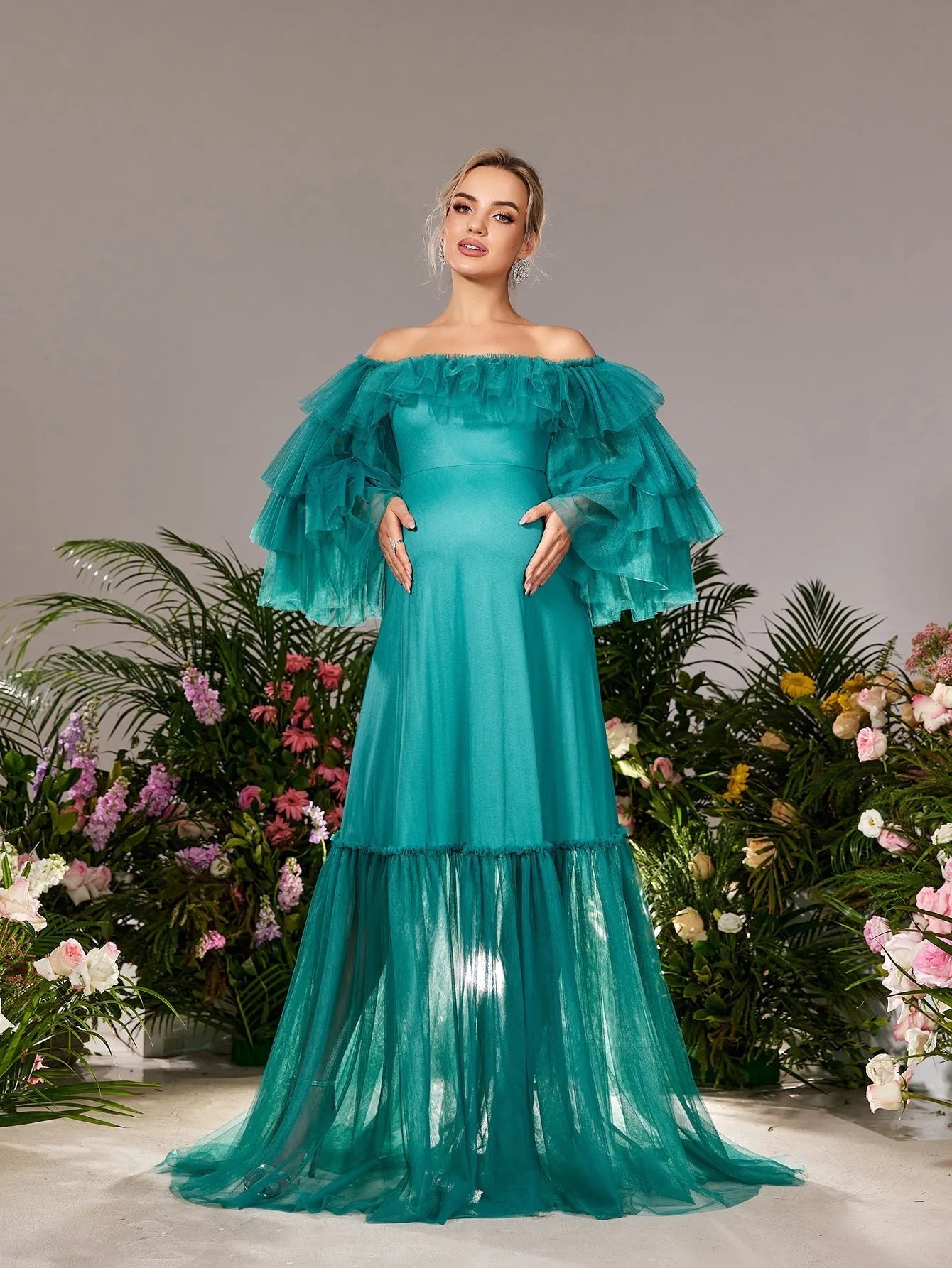 Maternity Off-Shoulder Tulle Long-Sleeve A-Line Evening Gown — authorized product image 3