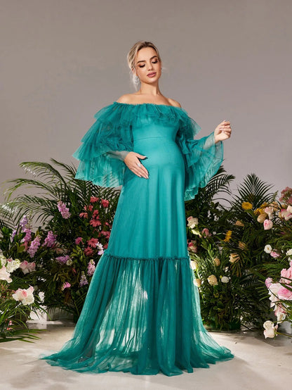 Maternity Off-Shoulder Tulle Long-Sleeve A-Line Evening Gown — authorized product image 5
