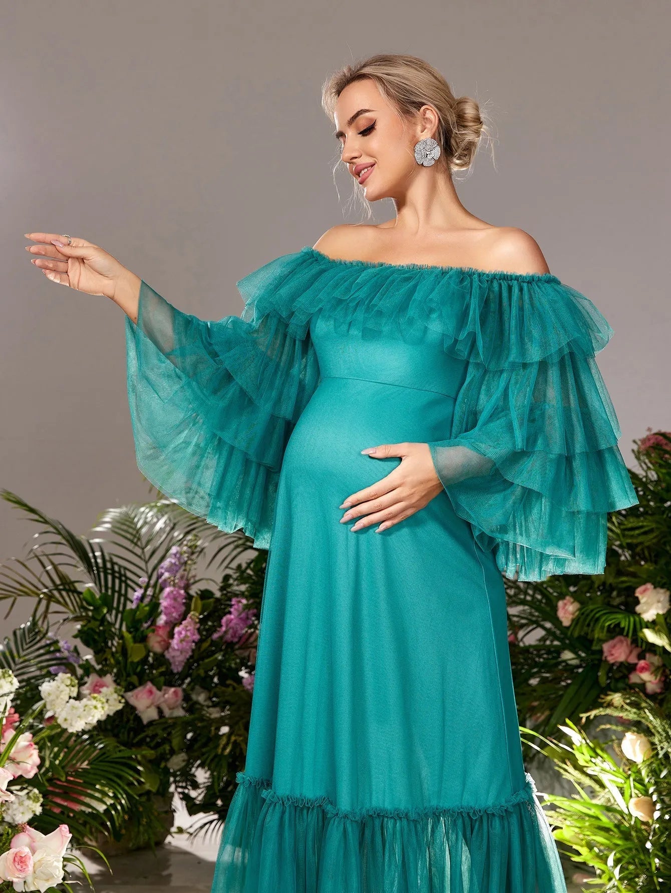 Maternity Off-Shoulder Tulle Long-Sleeve A-Line Evening Gown — authorized product image 6