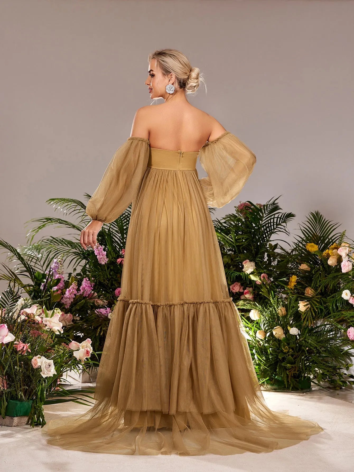 Additional product view of Off-Shoulder Tulle A-Line Long-Sleeve Maxi Maternity Evening Dress