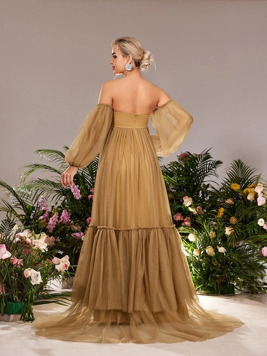 Additional product view of Off-Shoulder Tulle A-Line Long-Sleeve Maxi Maternity Evening Dress