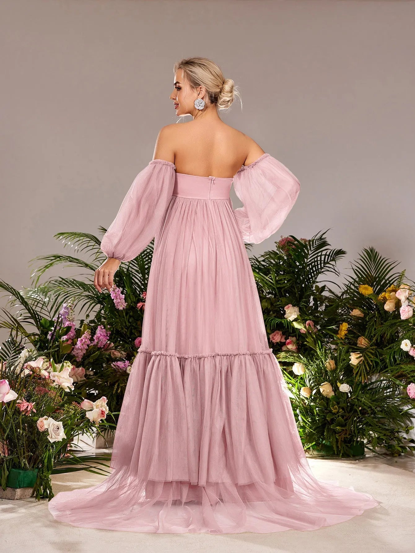 Additional product view of Off-Shoulder Tulle A-Line Long-Sleeve Maxi Maternity Evening Dress