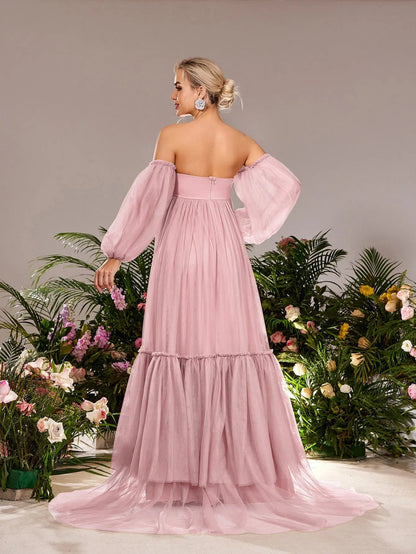 Additional product view of Off-Shoulder Tulle A-Line Long-Sleeve Maxi Maternity Evening Dress