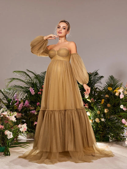 Additional product view of Off-Shoulder Tulle A-Line Long-Sleeve Maxi Maternity Evening Dress