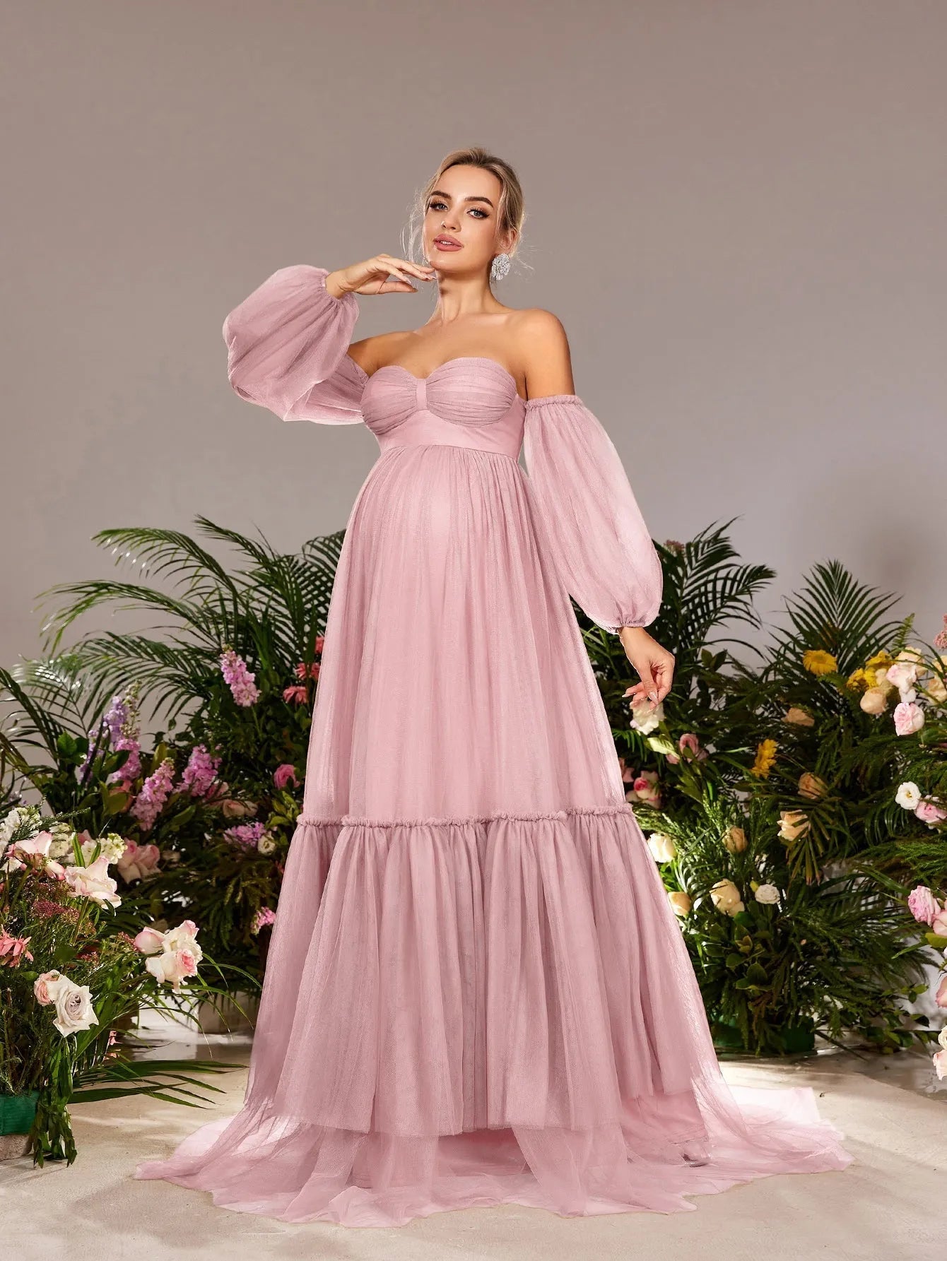 Additional product view of Off-Shoulder Tulle A-Line Long-Sleeve Maxi Maternity Evening Dress