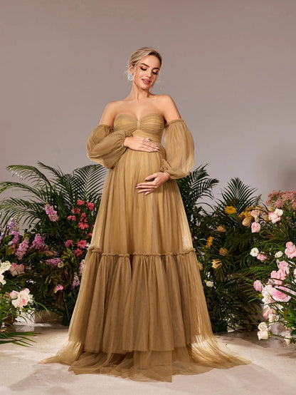 Additional product view of Off-Shoulder Tulle A-Line Long-Sleeve Maxi Maternity Evening Dress