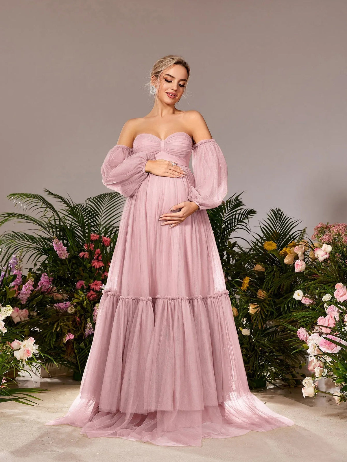 Additional product view of Off-Shoulder Tulle A-Line Long-Sleeve Maxi Maternity Evening Dress