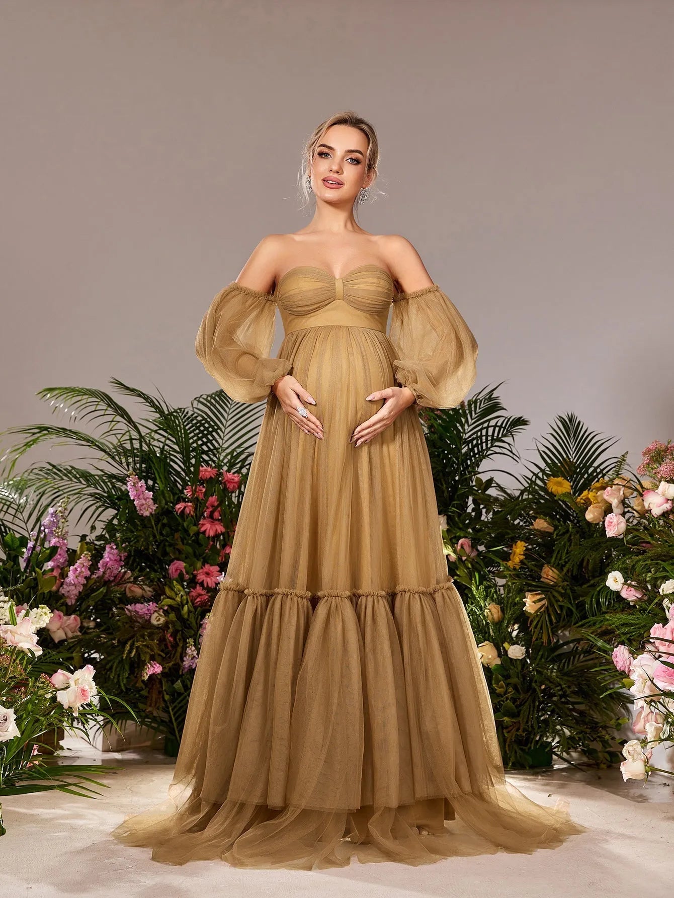Off-Shoulder Tulle A-Line Long-Sleeve Maxi Maternity Evening Dress in Coffee