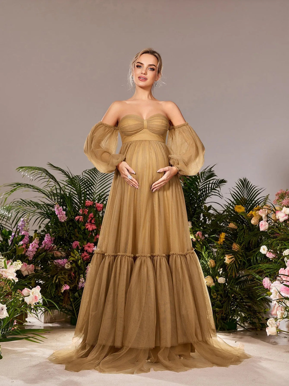 Off-Shoulder Tulle A-Line Long-Sleeve Maxi Maternity Evening Dress in Coffee