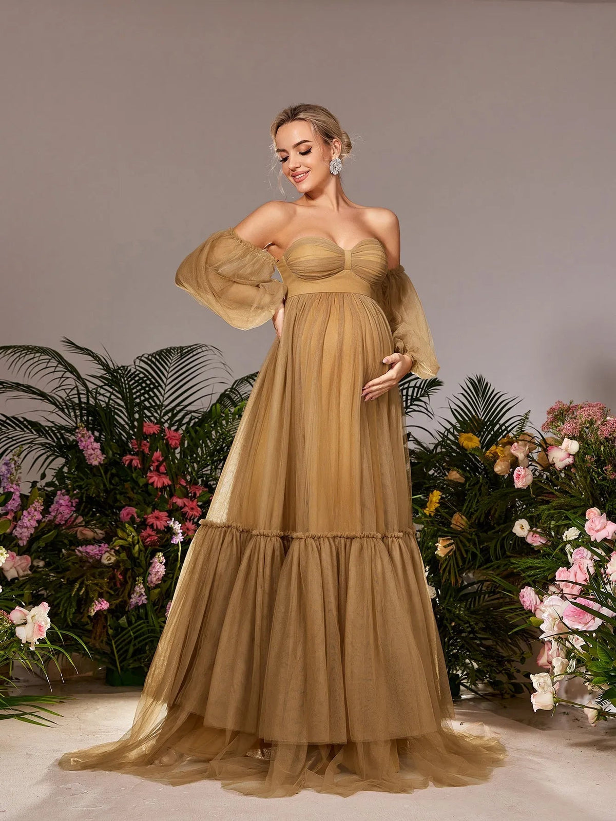 Additional product view of Off-Shoulder Tulle A-Line Long-Sleeve Maxi Maternity Evening Dress