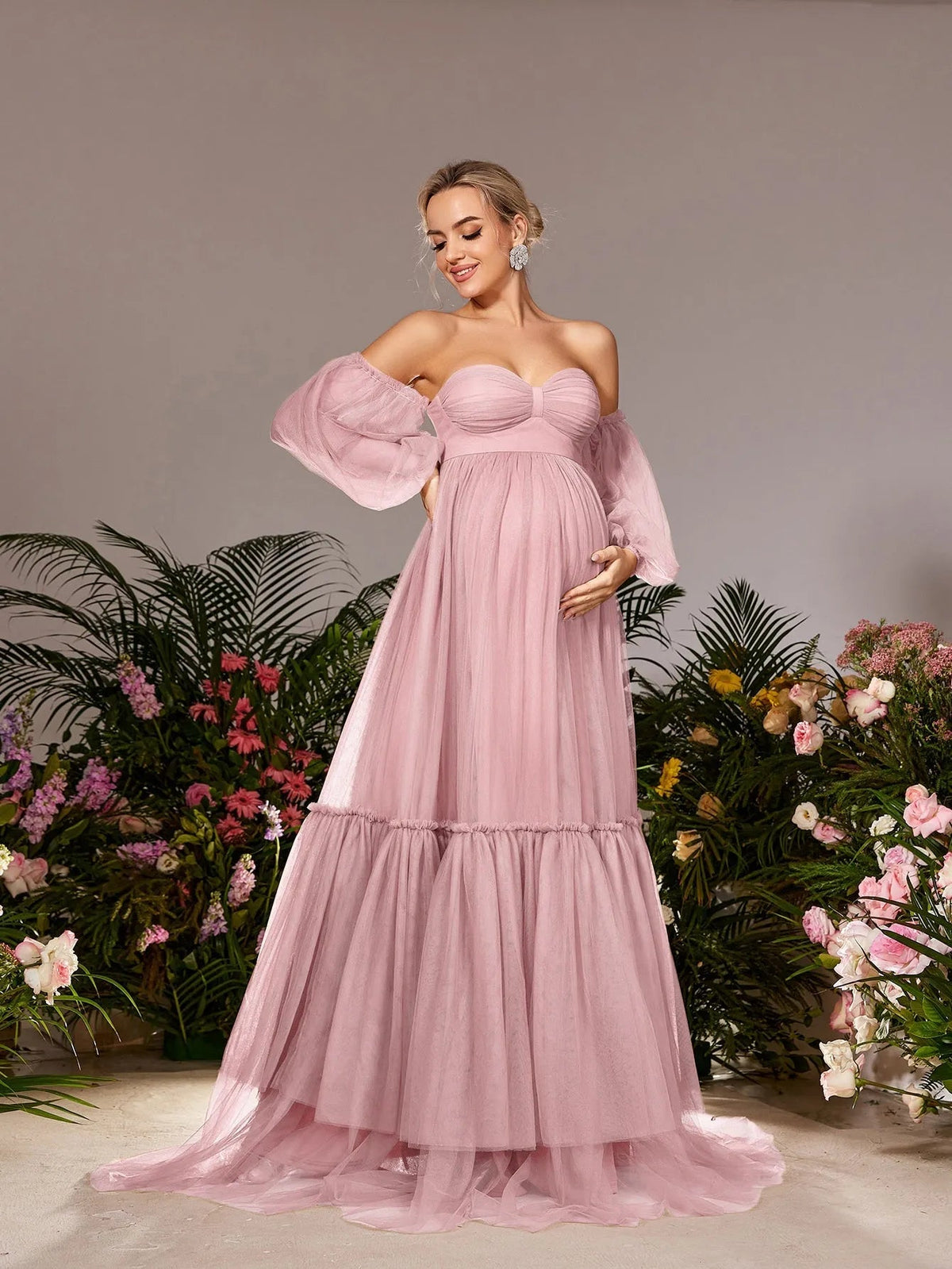 Additional product view of Off-Shoulder Tulle A-Line Long-Sleeve Maxi Maternity Evening Dress