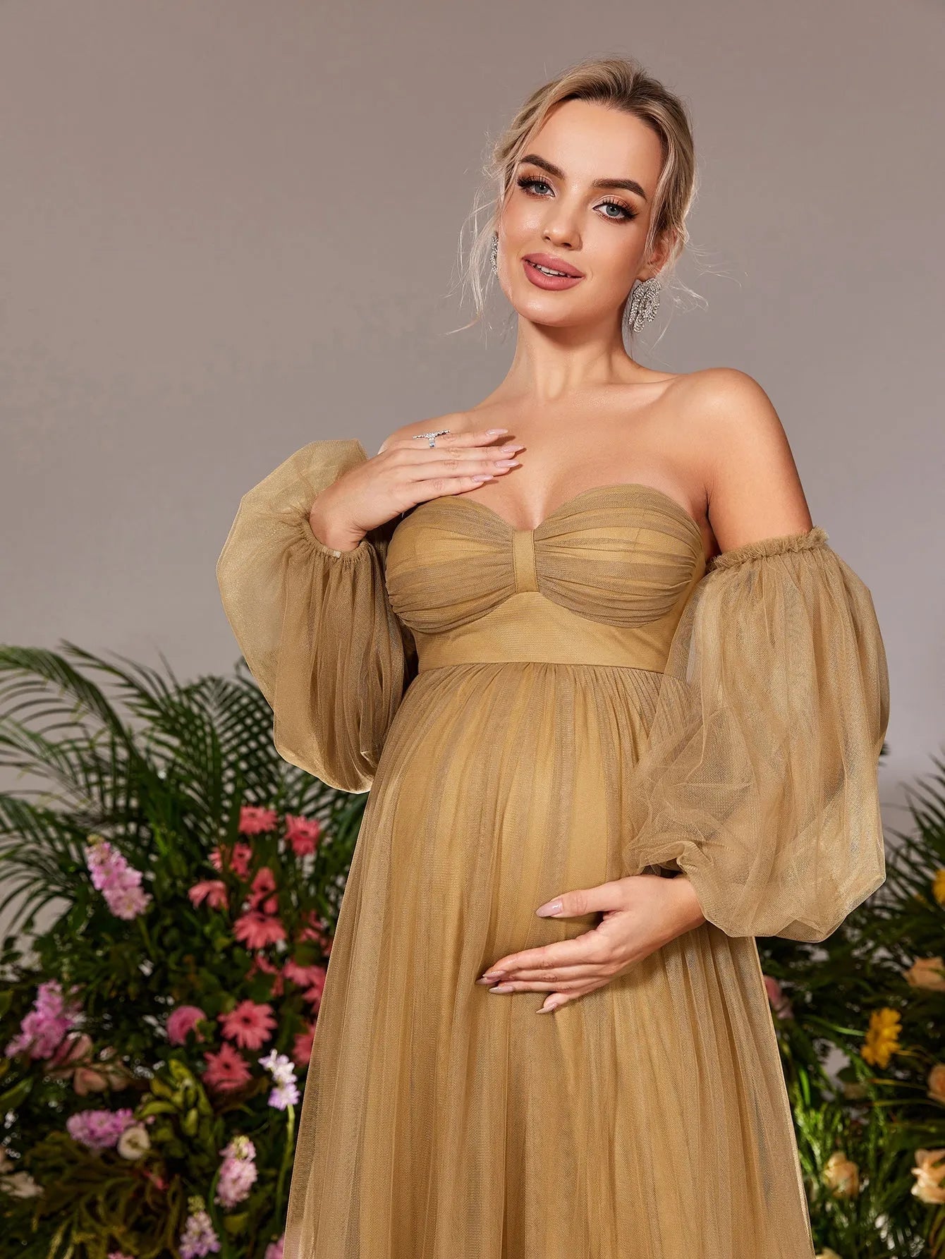 Additional product view of Off-Shoulder Tulle A-Line Long-Sleeve Maxi Maternity Evening Dress