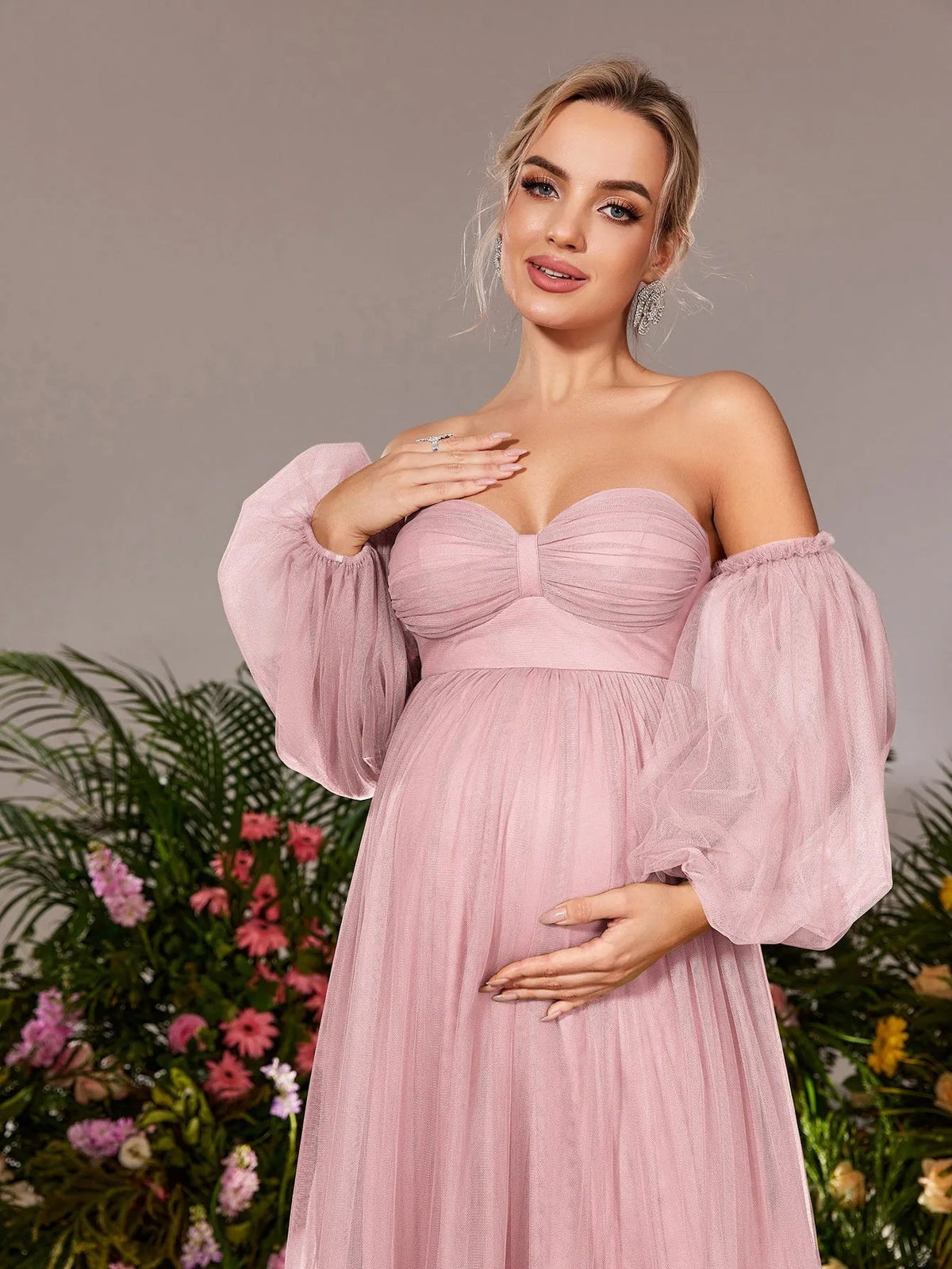 Additional product view of Off-Shoulder Tulle A-Line Long-Sleeve Maxi Maternity Evening Dress