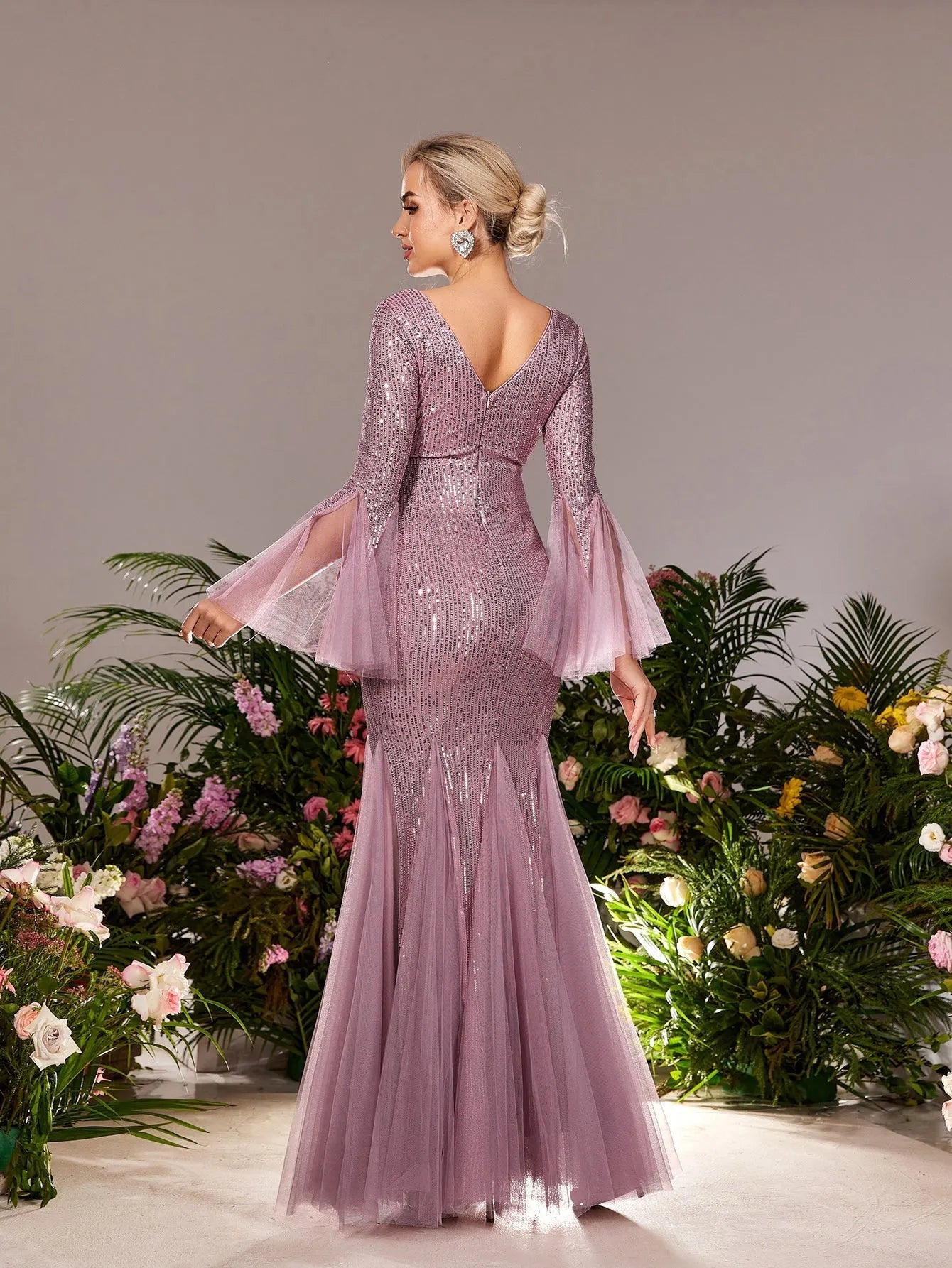 Maternity Plunging Sequin Long-Sleeve Mermaid Evening Gown — authorized product image 2